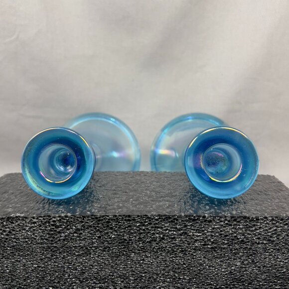 Vtg Central Glass Works Iridescent Blue Stretch Trumpet Candlestick Holders Glow - Picture 8 of 16